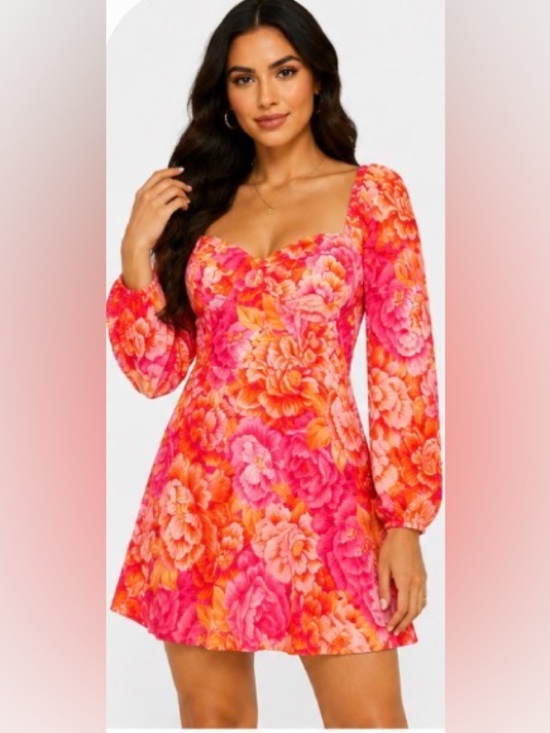 Steve Madden Tops - Steve Madden Floral Mini Dress, Pink Orange Sweetheart Neck Long Sleeve Size 10